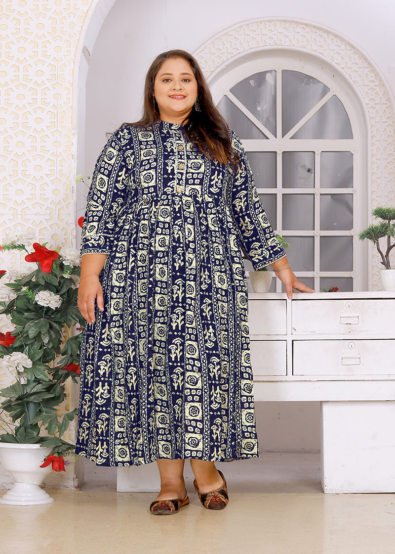 Monjolika Fashion Navy Blue Rayon Plus Size Printed Long Kurti