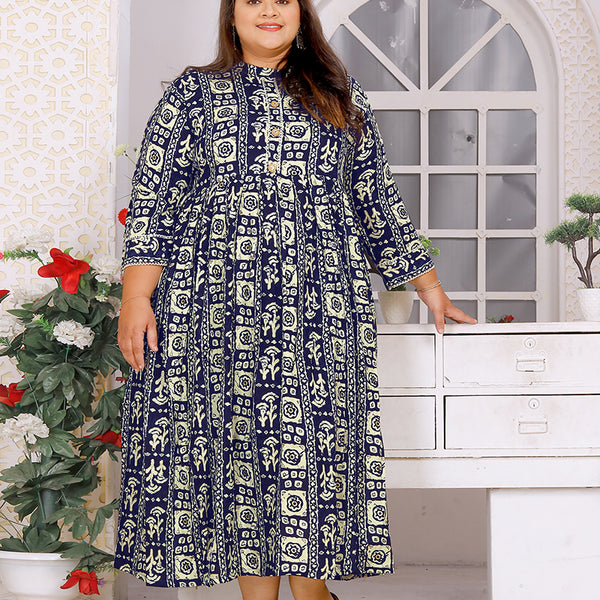 Monjolika Fashion Navy Blue Rayon Plus Size Printed Long Kurti
