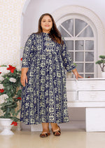 Thumbnail for Monjolika Fashion Navy Blue Rayon Plus Size Printed Long Kurti