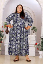 Thumbnail for Monjolika Fashion Navy Blue Rayon Plus Size Printed Long Kurti