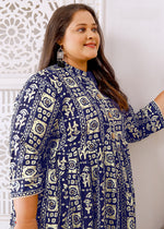 Thumbnail for Monjolika Fashion Navy Blue Rayon Plus Size Printed Long Kurti