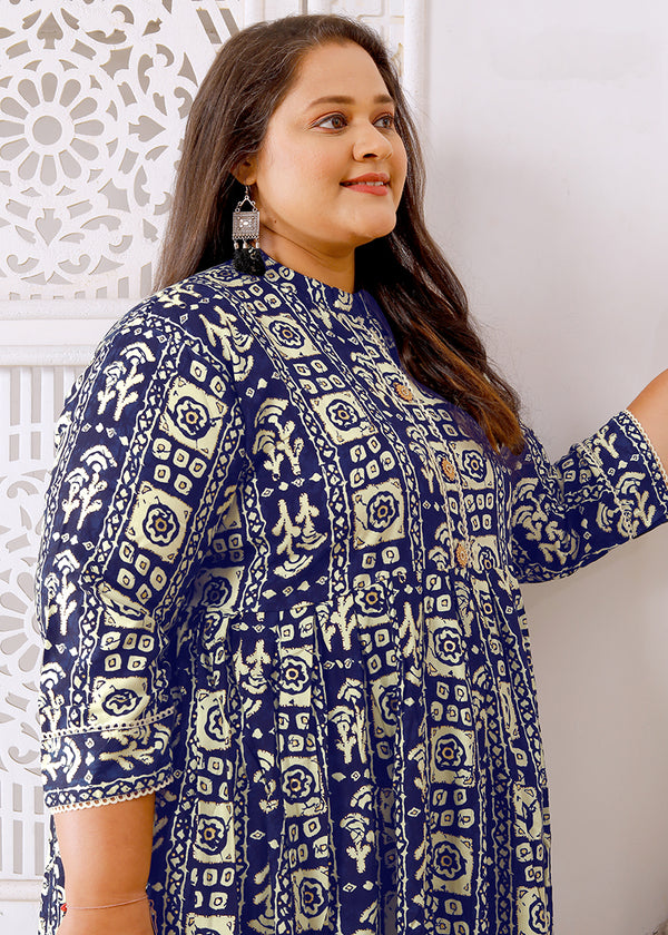 Monjolika Fashion Navy Blue Rayon Plus Size Printed Long Kurti