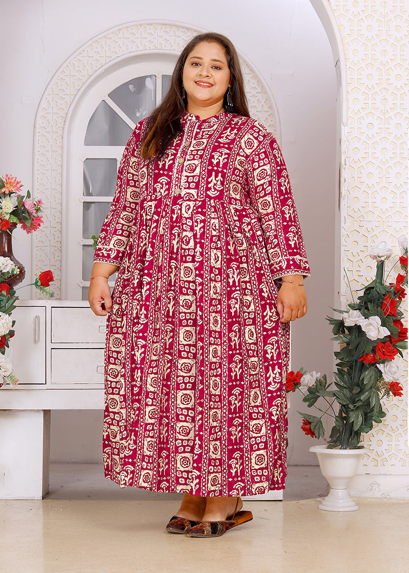 Monjolika Fashion Rani Pink Rayon Plus Size Printed Long Kurti