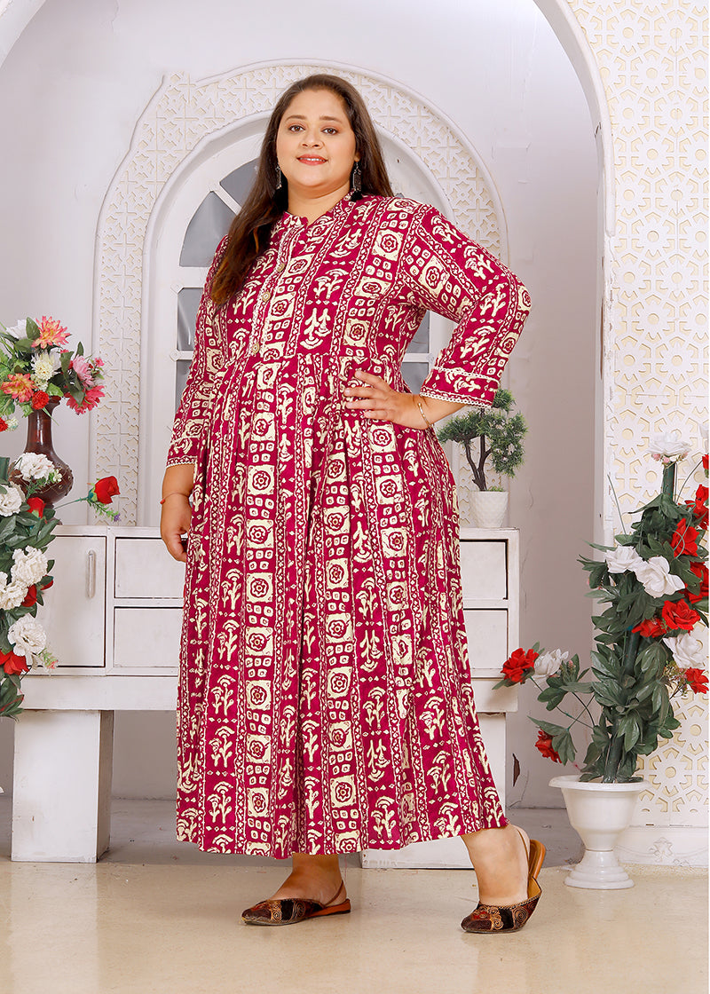 Monjolika Fashion Rani Pink Rayon Plus Size Printed Long Kurti