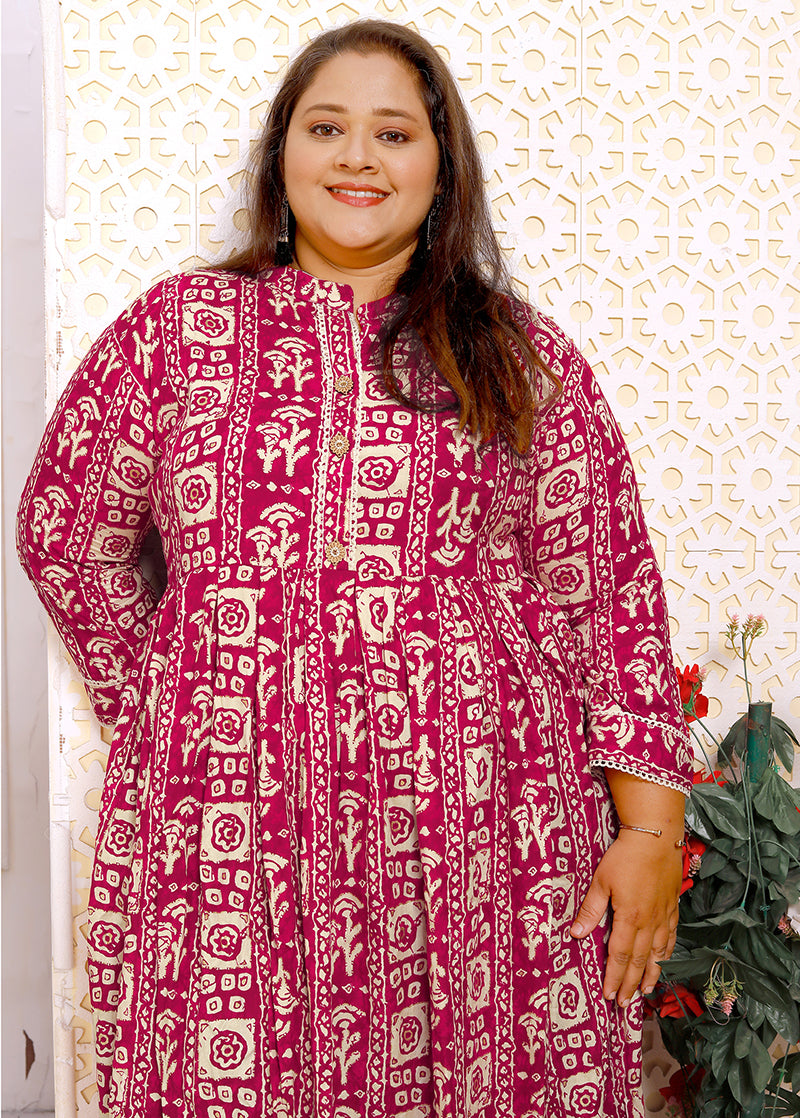 Monjolika Fashion Rani Pink Rayon Plus Size Printed Long Kurti