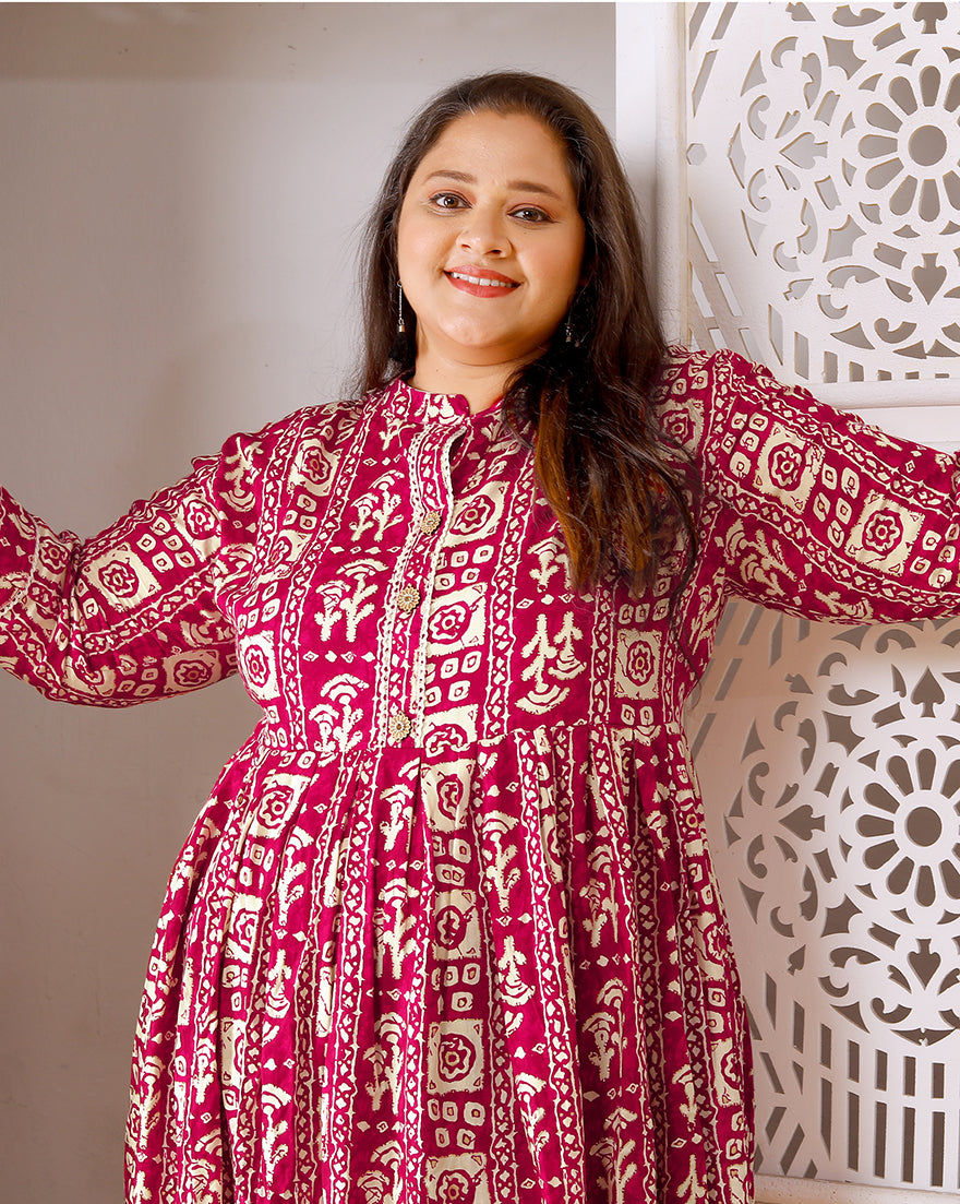 Monjolika Fashion Rani Pink Rayon Plus Size Printed Long Kurti