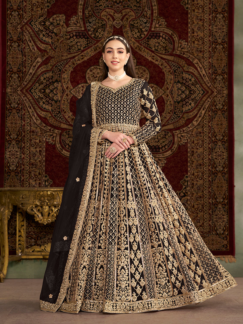 Monjolika Fashion Black Color Embroidered Santoon Net Salwar Suit