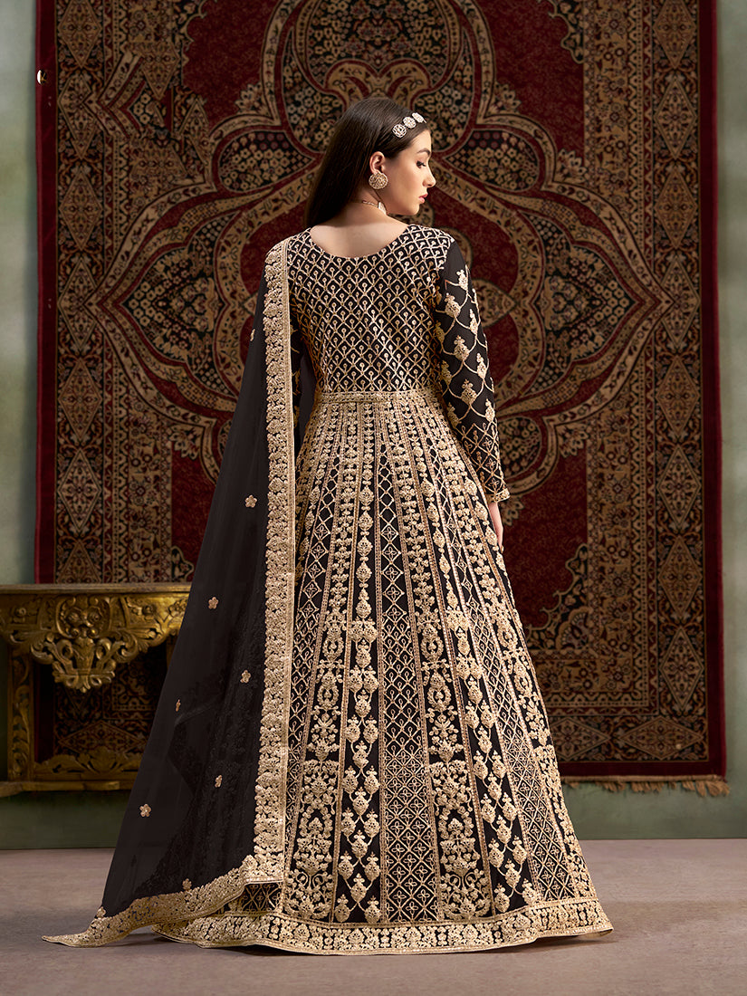 Monjolika Fashion Black Color Embroidered Santoon Net Salwar Suit