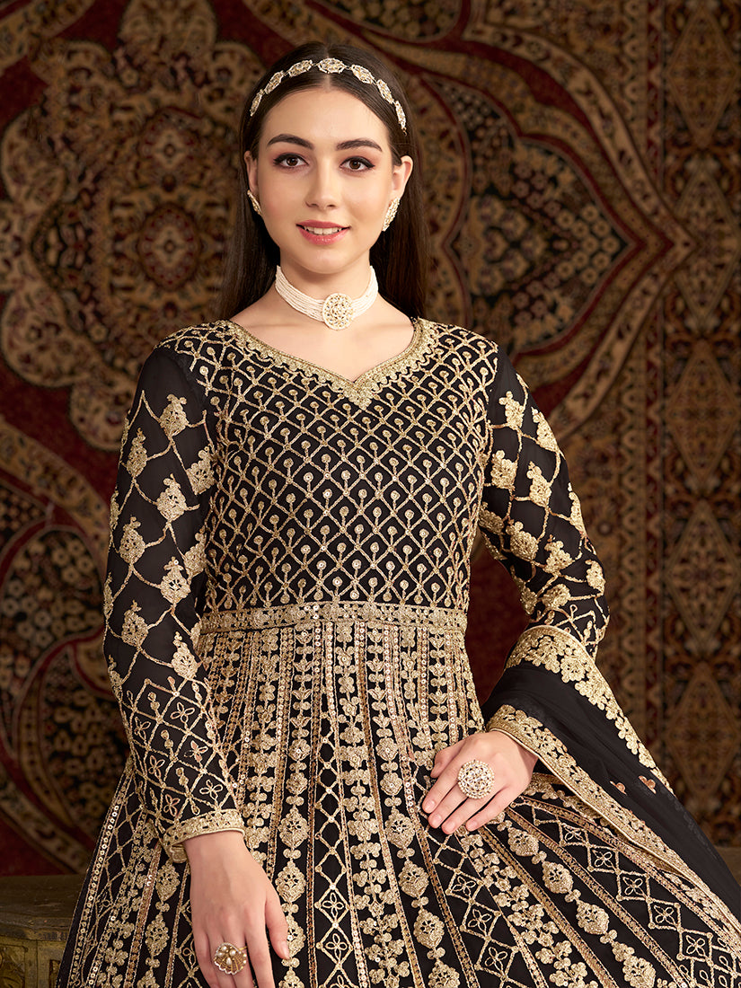 Monjolika Fashion Black Color Embroidered Santoon Net Salwar Suit
