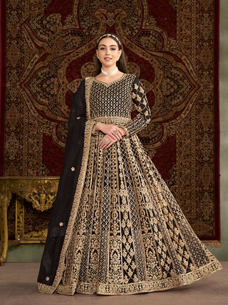 Monjolika Fashion Black Color Embroidered Santoon Net Salwar Suit