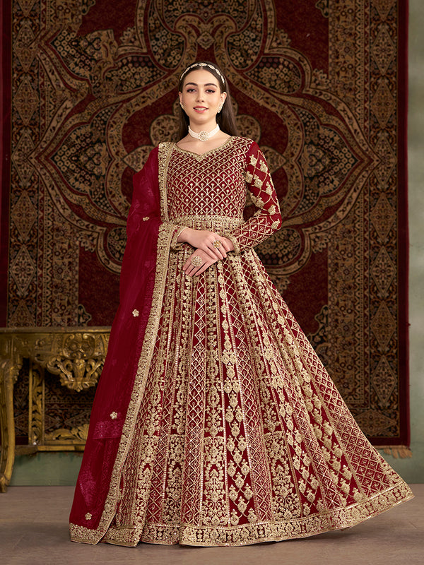 Monjolika Fashion Maroon Color Embroidered Santoon Net Salwar Suit