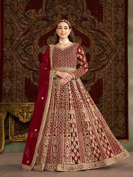 Monjolika Fashion Maroon Color Embroidered Santoon Net Salwar Suit