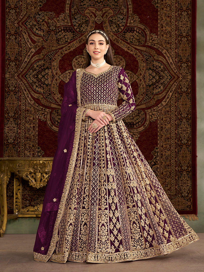 Monjolika Fashion Purple Color Embroidered Santoon Net Salwar Suit