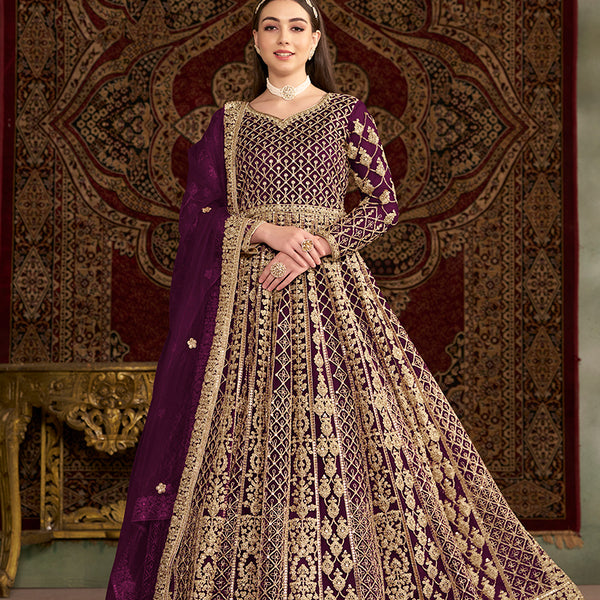 Monjolika Fashion Purple Color Embroidered Santoon Net Salwar Suit - Distacart
