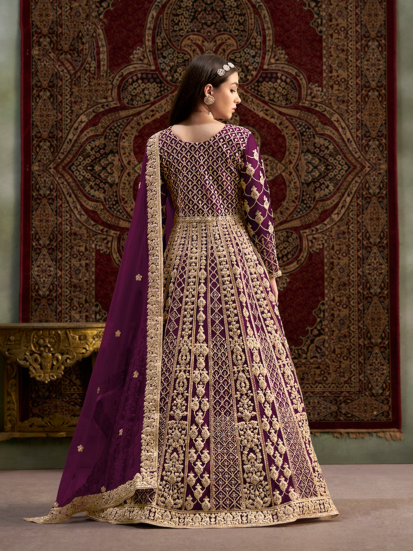 Monjolika Fashion Purple Color Embroidered Santoon Net Salwar Suit