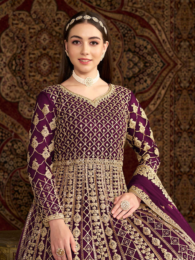 Monjolika Fashion Purple Color Embroidered Santoon Net Salwar Suit