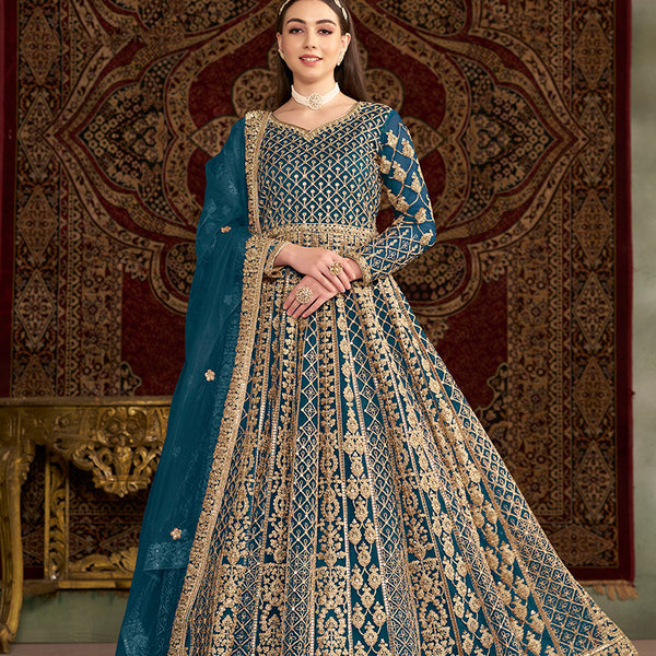 Monjolika Fashion Teal Color Embroidered Santoon Net Salwar Suit - Distacart