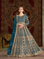 Thumbnail for Monjolika Fashion Teal Color Embroidered Santoon Net Salwar Suit