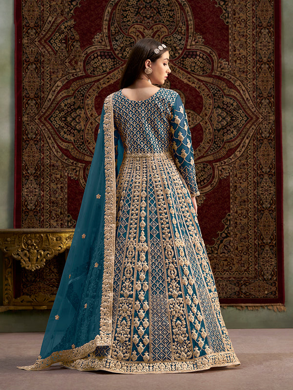 Monjolika Fashion Teal Color Embroidered Santoon Net Salwar Suit