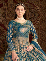 Thumbnail for Monjolika Fashion Teal Color Embroidered Santoon Net Salwar Suit