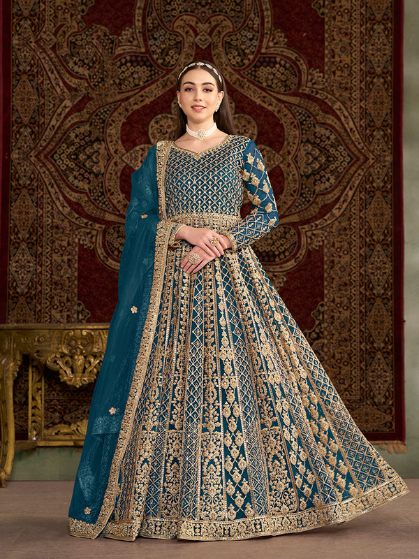 Monjolika Fashion Teal Color Embroidered Santoon Net Salwar Suit