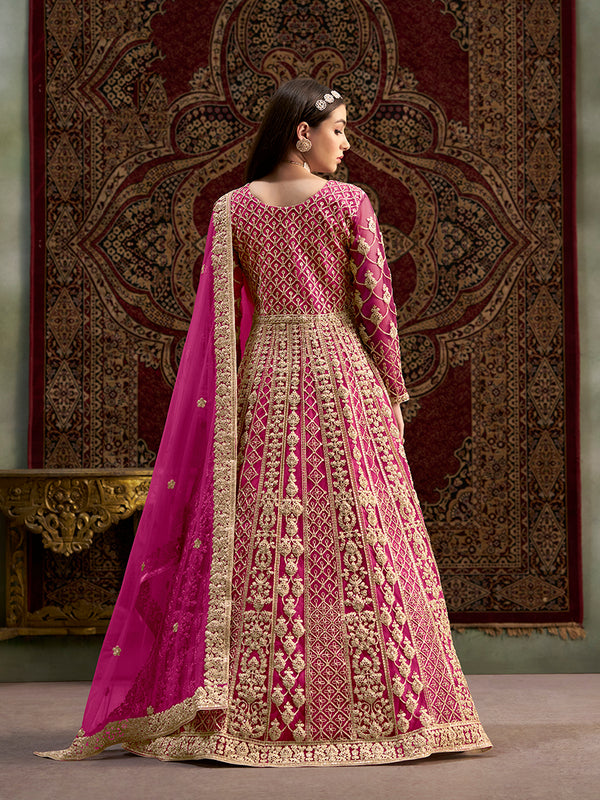 Monjolika Fashion Rani-Pink Color Embroidered Santoon Net Salwar Suit