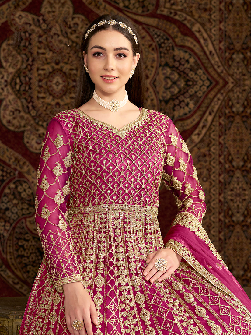 Monjolika Fashion Rani-Pink Color Embroidered Santoon Net Salwar Suit