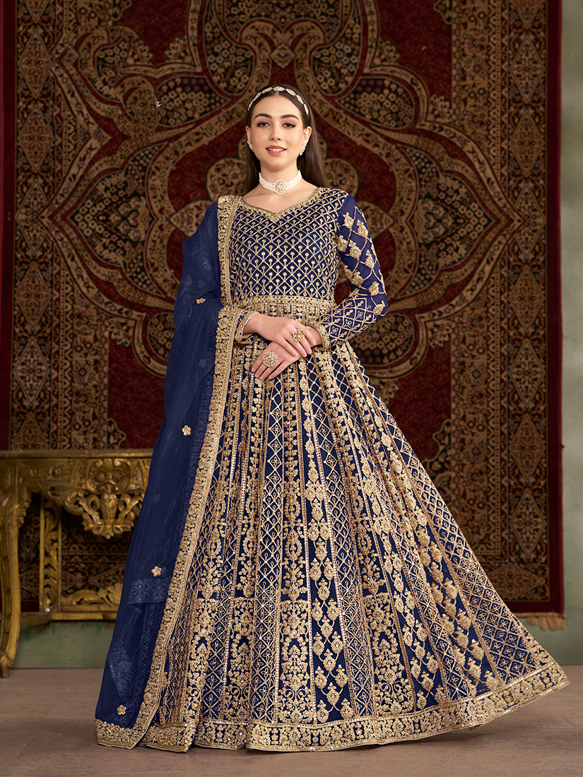 Monjolika Fashion Navy-Blue Color Embroidered Santoon Net Salwar Suit - Distacart