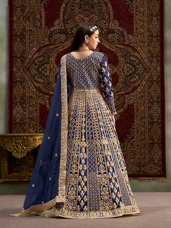 Monjolika Fashion Navy-Blue Color Embroidered Santoon Net Salwar Suit