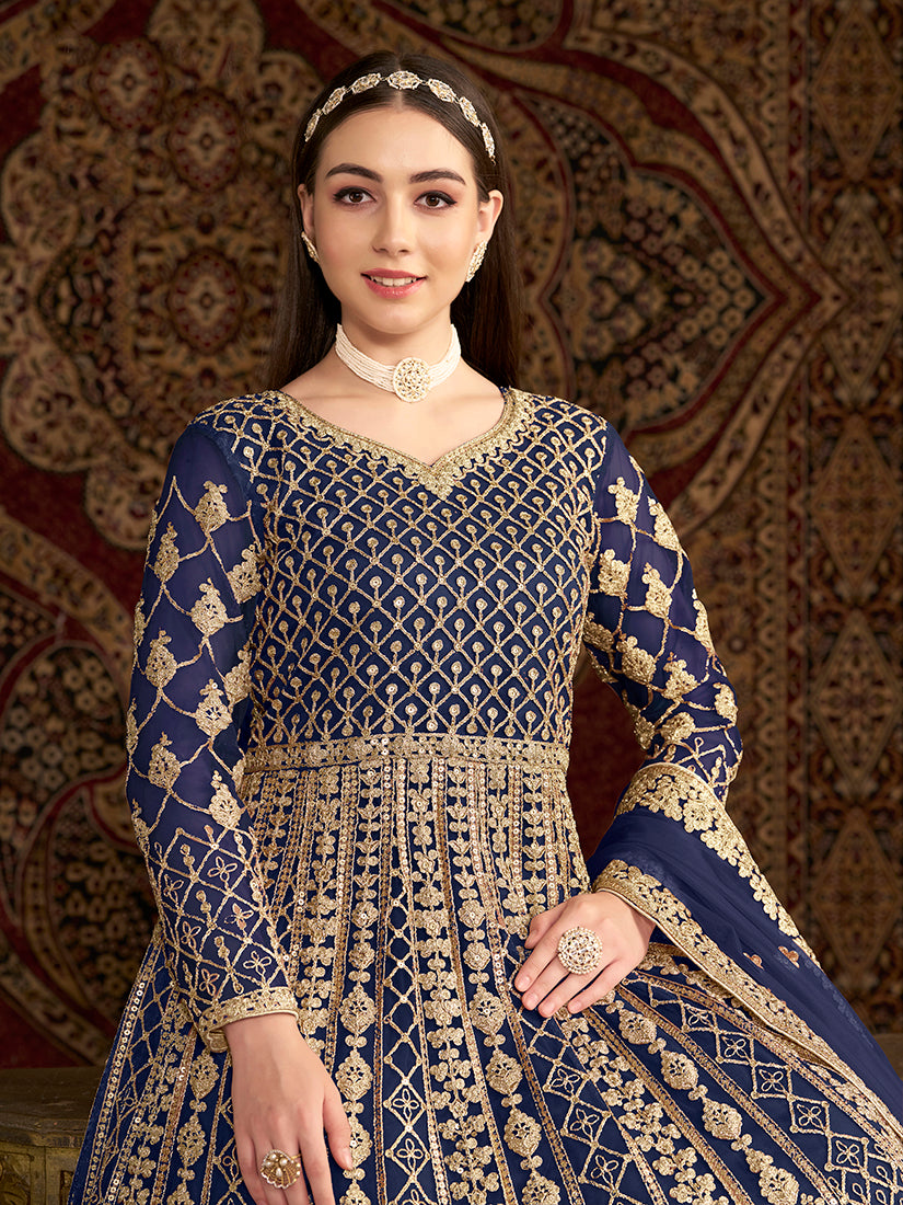 Monjolika Fashion Navy-Blue Color Embroidered Santoon Net Salwar Suit