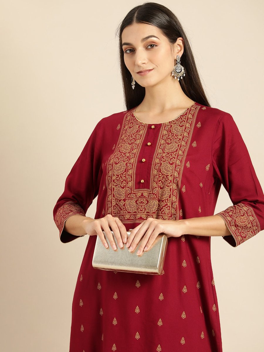 All About You Women Maroon Printed Kurta with Trousers - Distacart