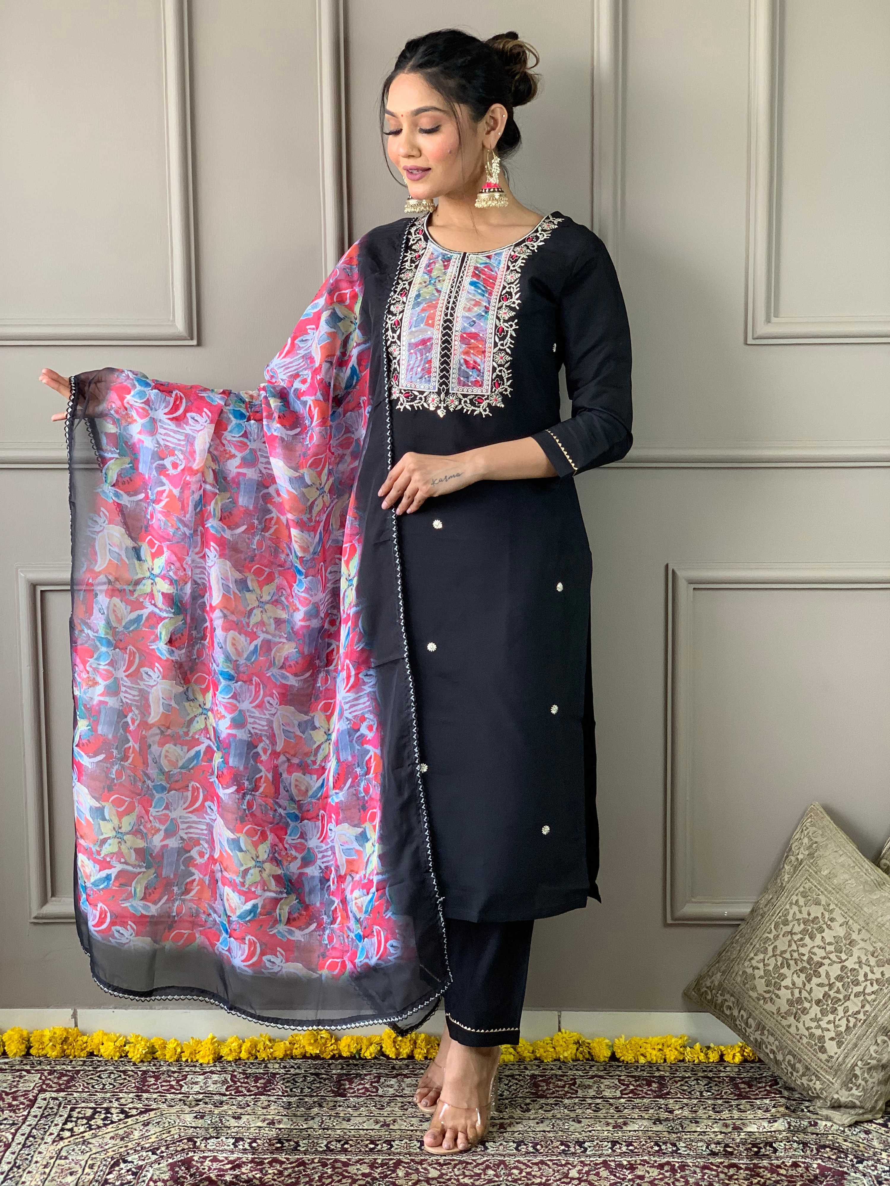 The52 Viscose Fabric work Straight cut Kurta, Pant and Dupatta Set