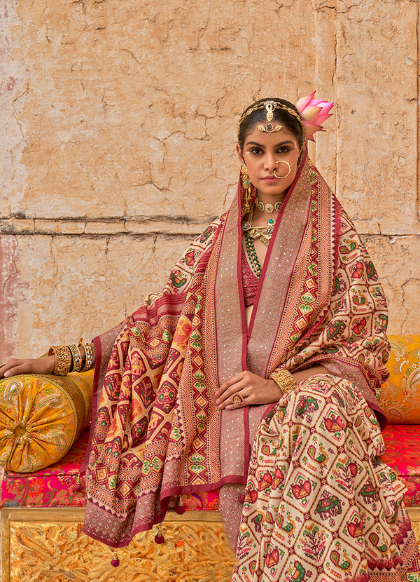 Monjolika Fashion Viscose Silk Cream Printed Classic Saree