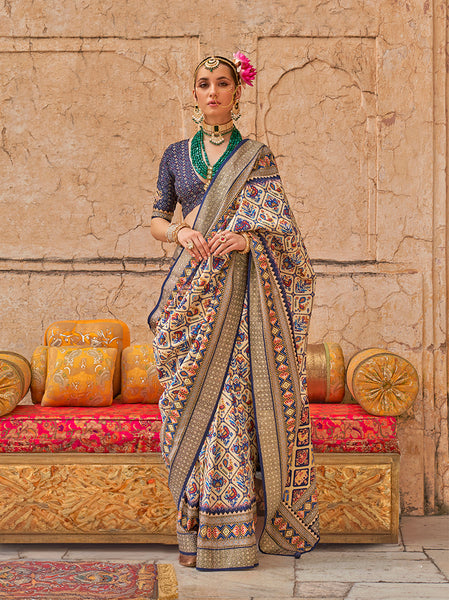 Monjolika Fashion Viscose Silk Cream Printed Classic Saree