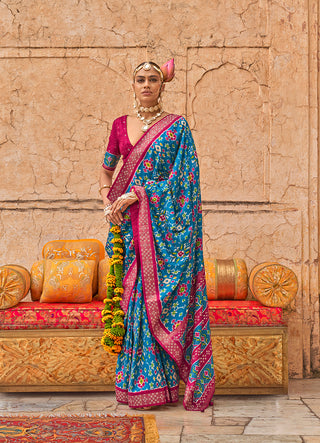 Monjolika Fashion Viscose Silk Blue Printed Classic Saree