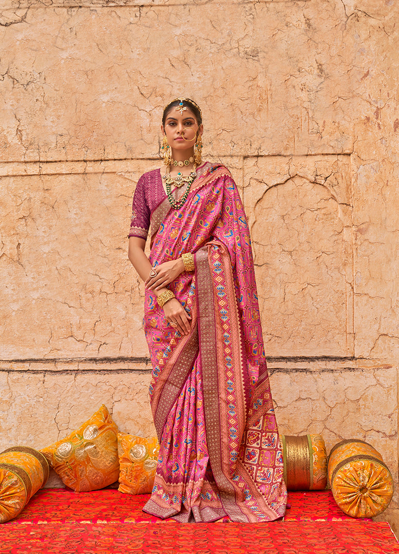 Monjolika Fashion Viscose Silk Pink Printed Classic Saree