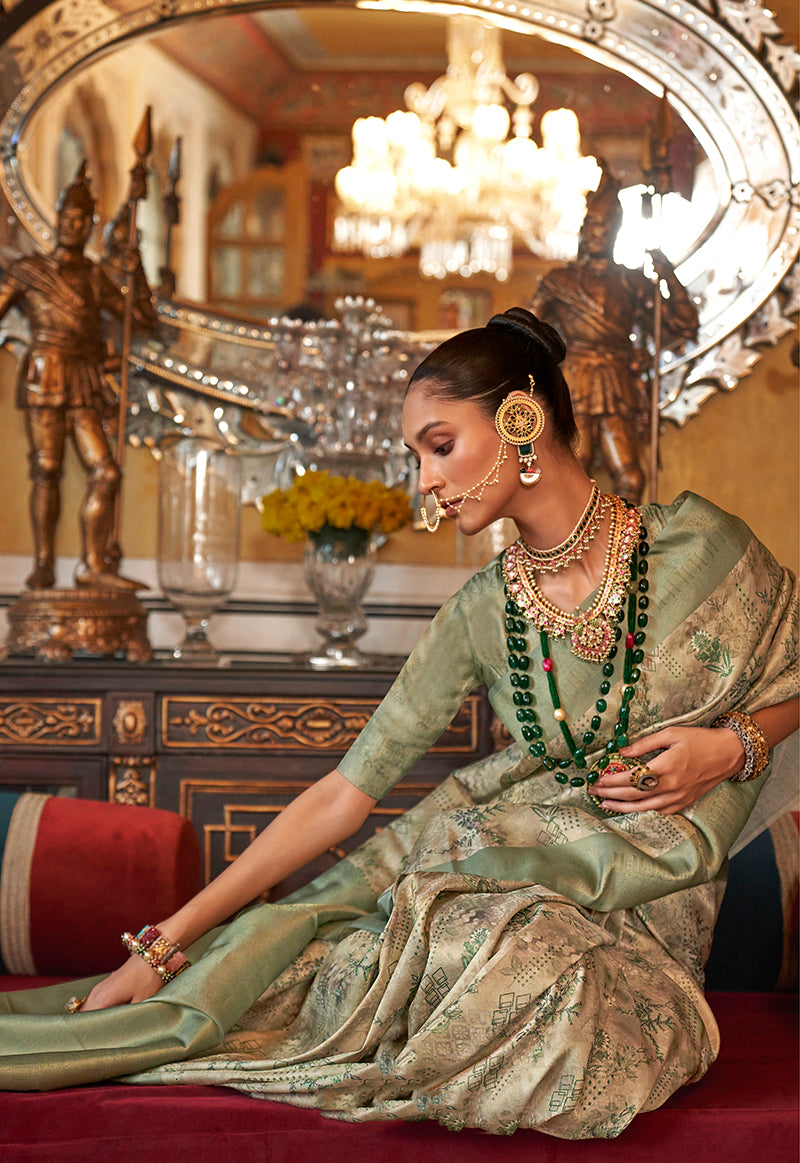 Monjolika Fashion Cream And Light Green Tussar Silk Digital Print Zari Border Contemporary Saree