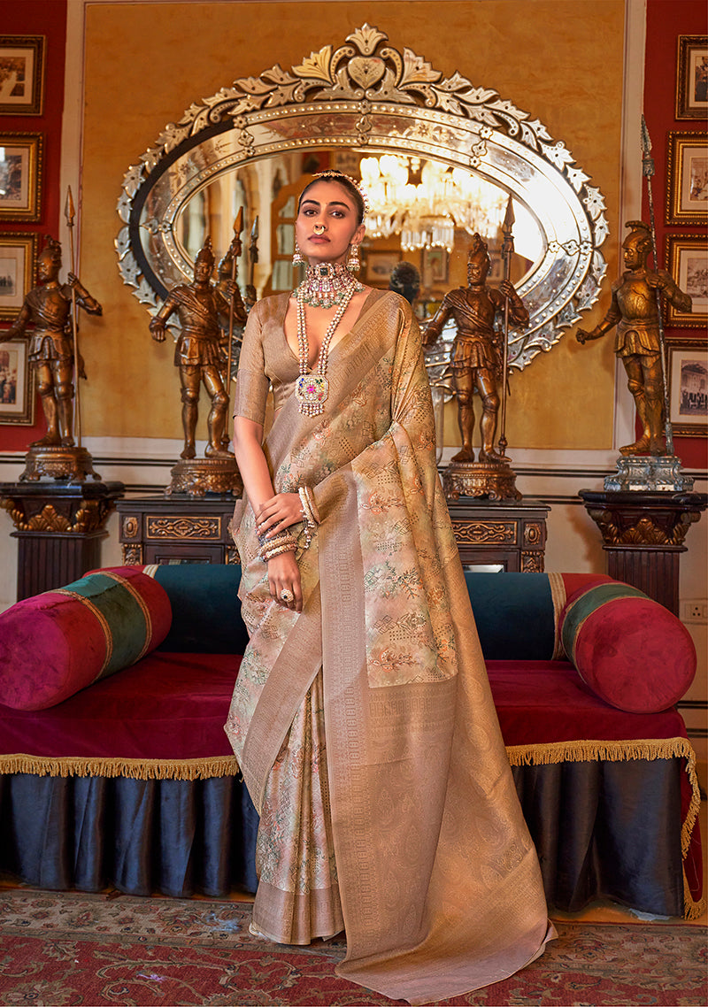 Monjolika Fashion Cream And Light Brown Tussar Silk Digital Print Zari Border Contemporary Saree