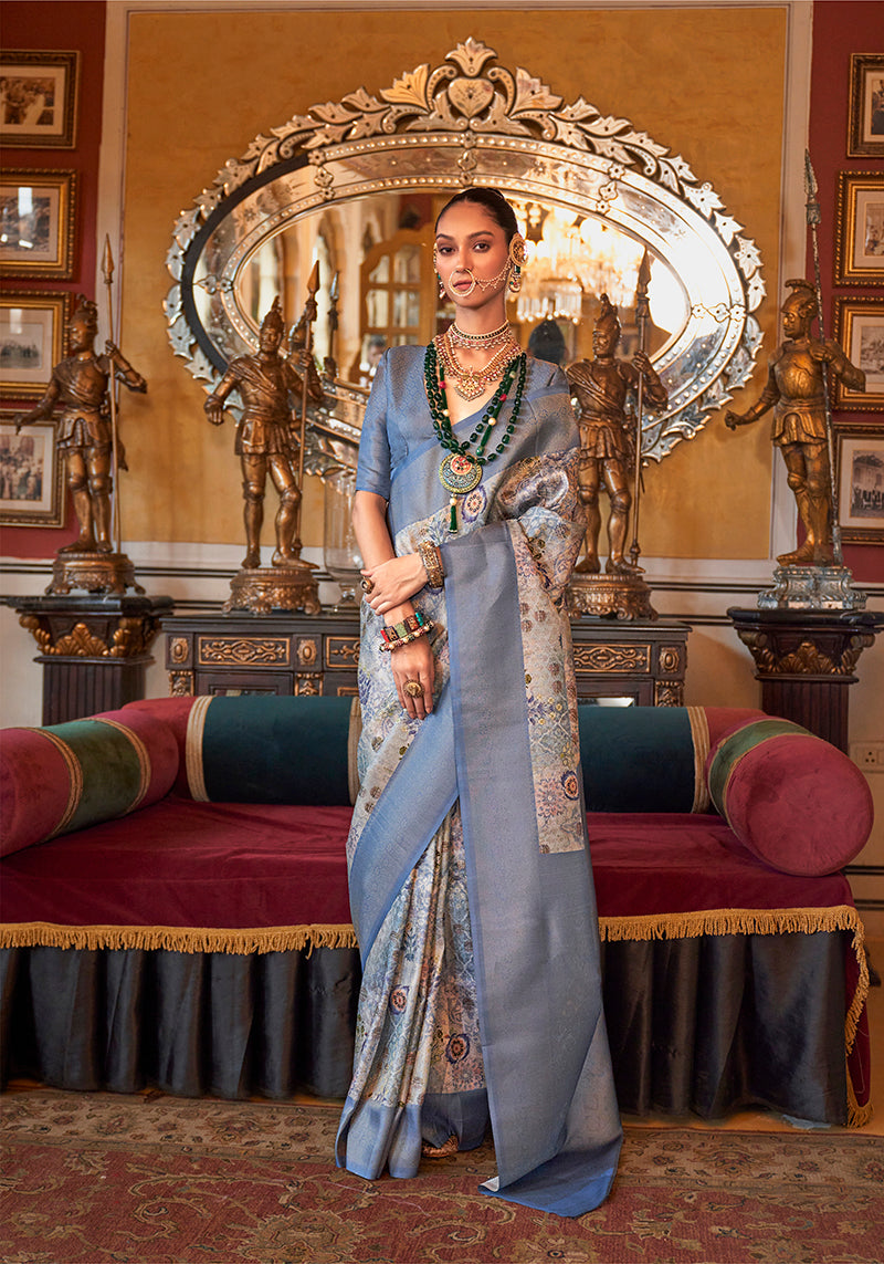 Monjolika Fashion Grey And Blue Tussar Silk Digital Print Zari Border Contemporary Saree