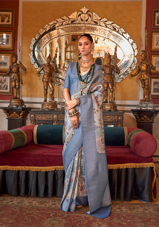 Monjolika Fashion Grey And Blue Tussar Silk Digital Print Zari Border Contemporary Saree