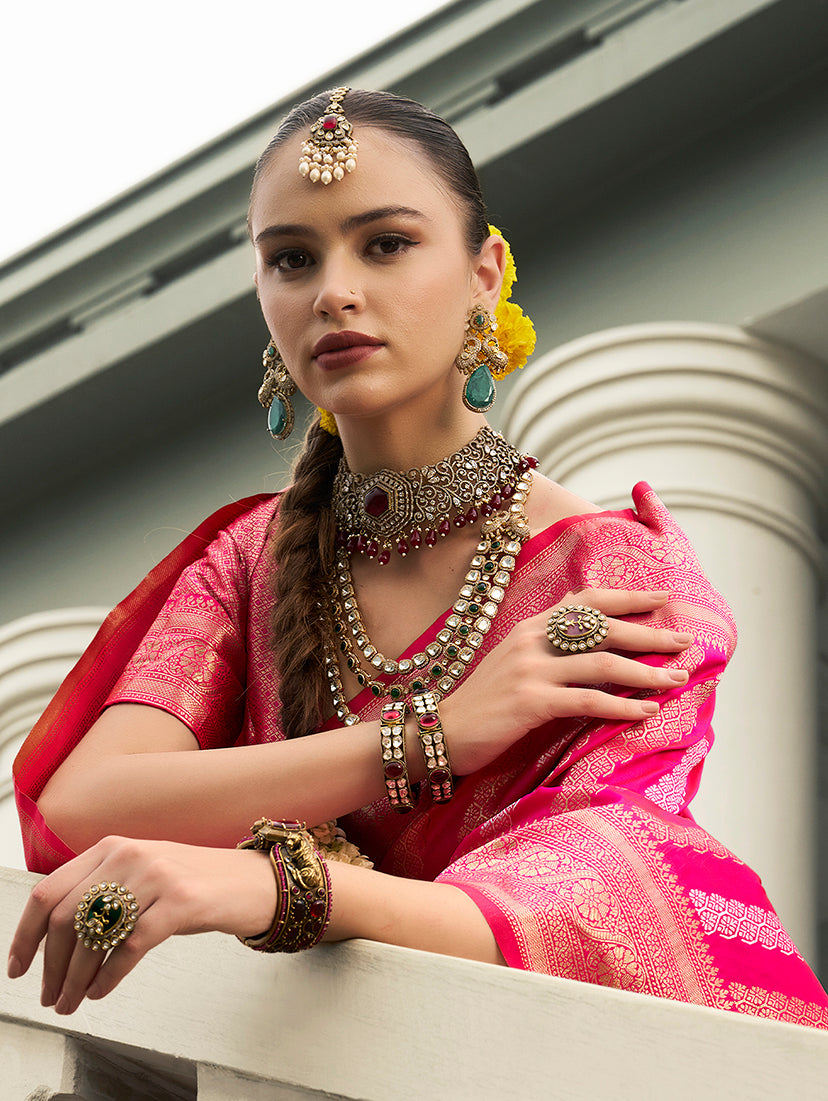 Monjolika Fashion Viscose Silk Rani Pink Weaving Jaal Designer Saree - Distacart
