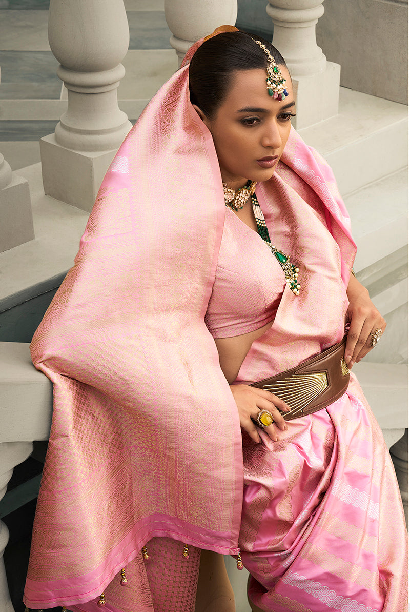 Monjolika Fashion Viscose Silk Baby Pink Weaving Jaal Designer Saree - Distacart