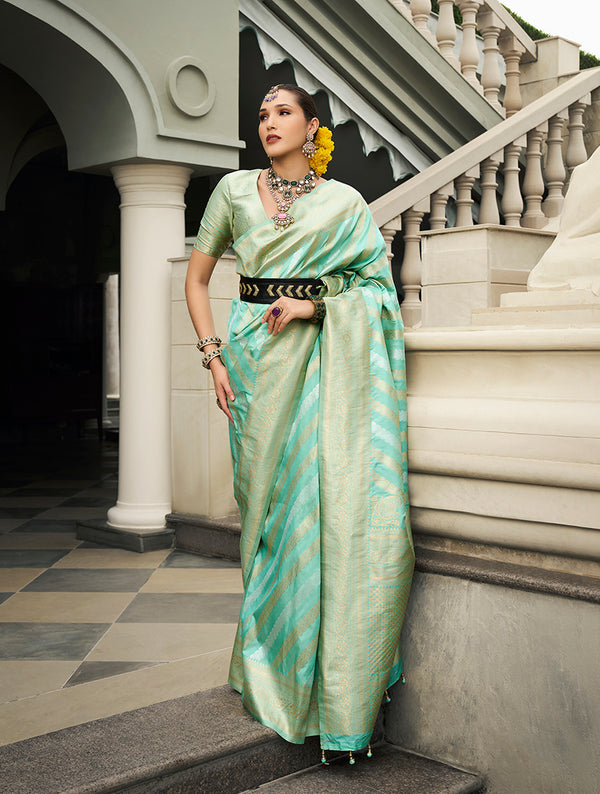 Monjolika Fashion Viscose Silk Turquoise Weaving Jaal Designer Saree