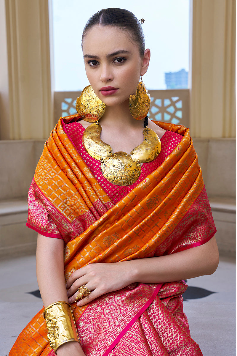 Monjolika Fashion Banarasi Silk Weaving Orange Trendy Saree - Distacart