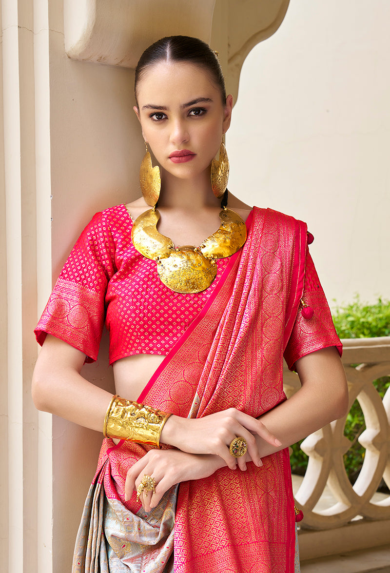 Monjolika Fashion Banarasi Silk Weaving Light Grey Trendy Saree