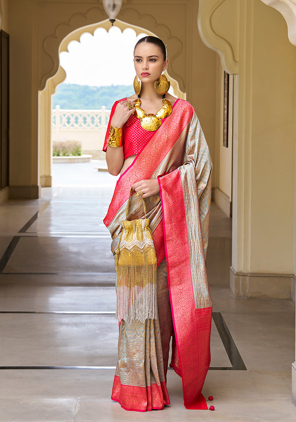 Monjolika Fashion Banarasi Silk Weaving Light Grey Trendy Saree