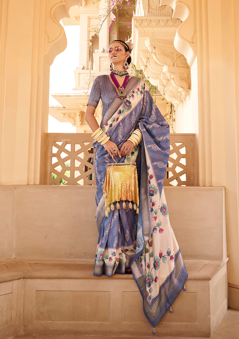 Monjolika Fashion Silk Foil Print Blue Contemporary Saree