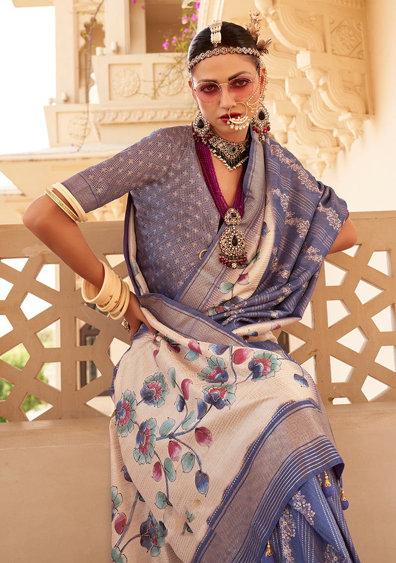 Monjolika Fashion Silk Foil Print Blue Contemporary Saree