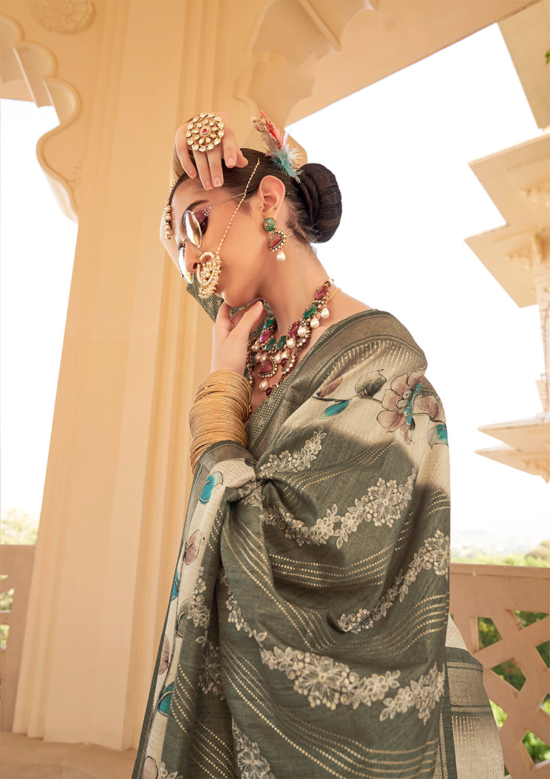 Monjolika Fashion Silk Foil Print Dark Green Contemporary Saree