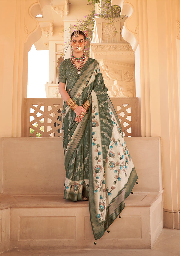 Monjolika Fashion Silk Foil Print Dark Green Contemporary Saree